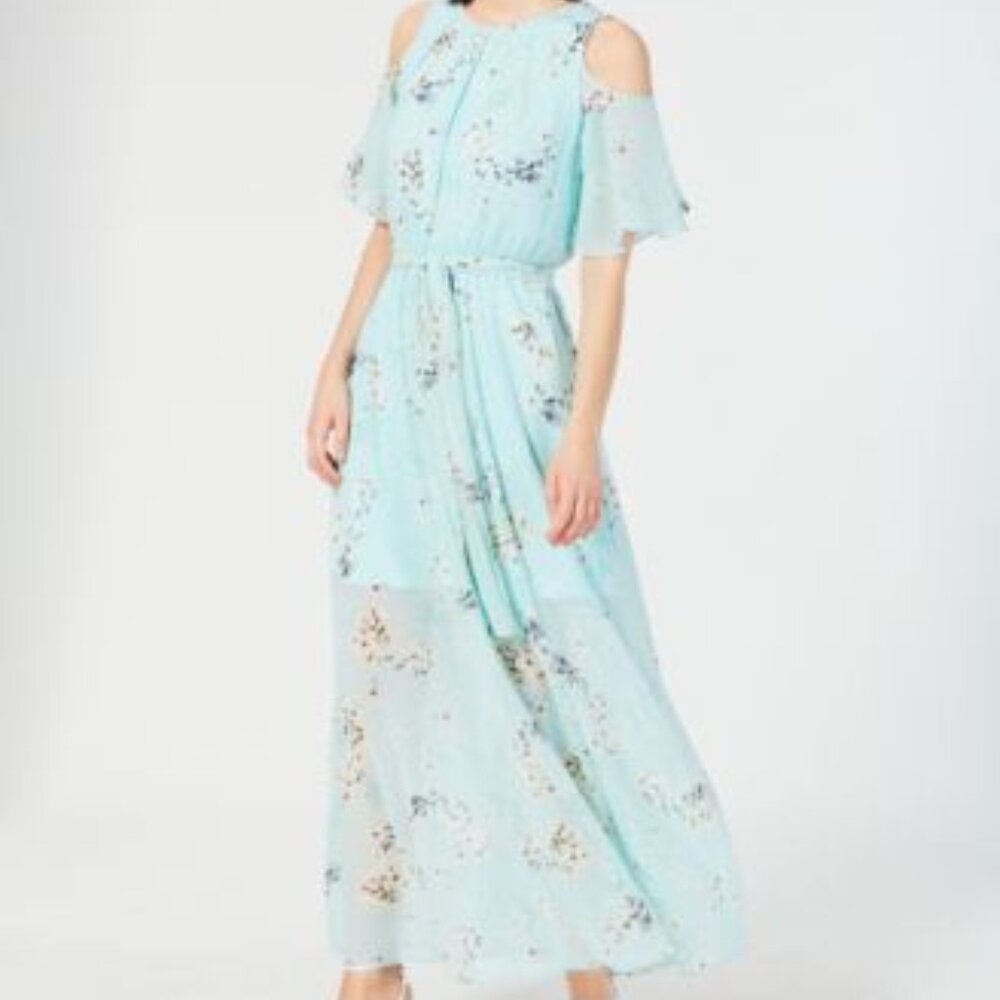(last chance) Blue Calvin Klein Floral-Print Cold-Shoulder Maxi Dress